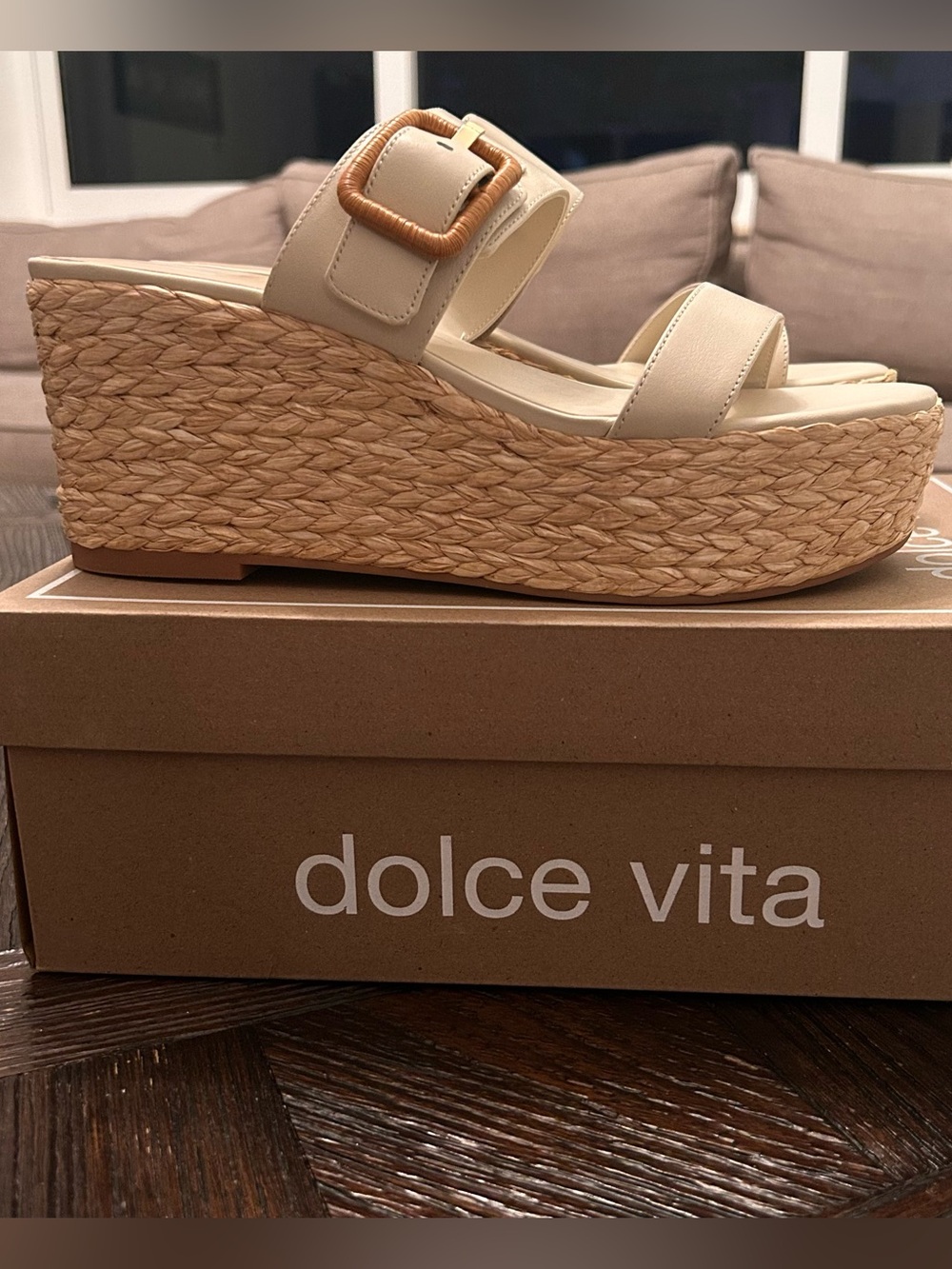 Dolce Vita Ivory Leather Espadrille Platform Wedges with Buckle